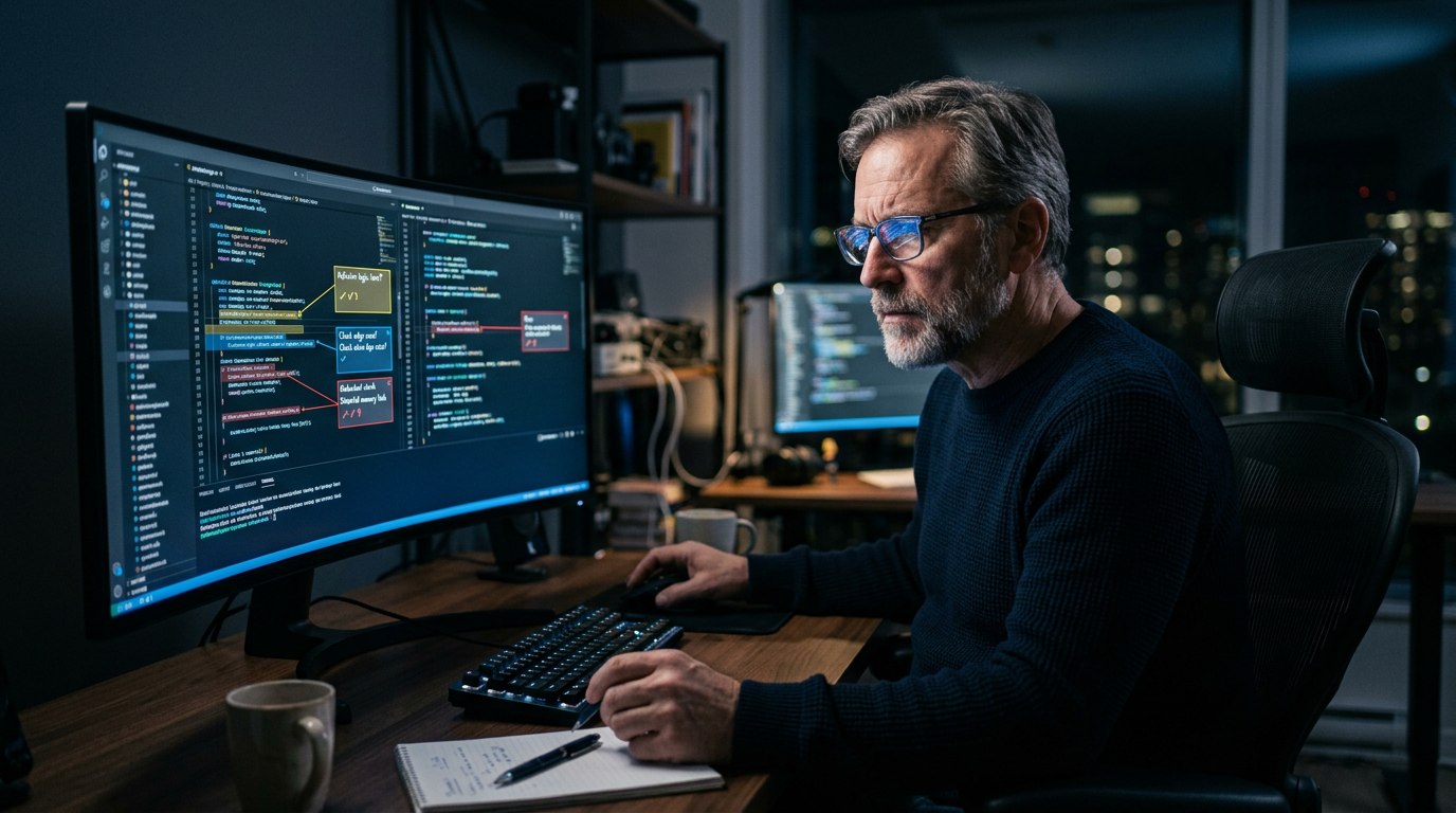 Senior engineer che revisiona una pull request con checklist di refactoring visibile