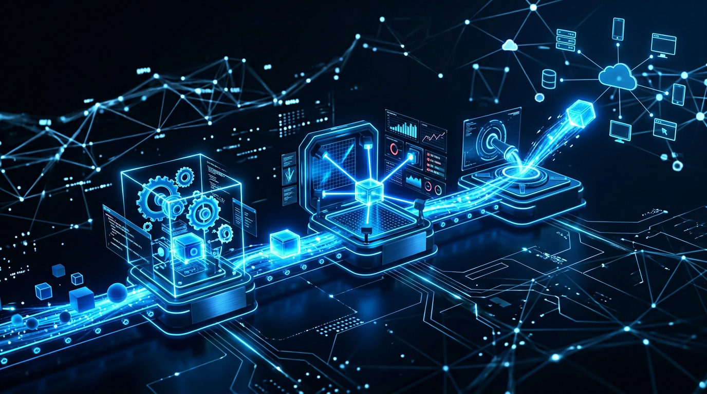 Visualizzazione pipeline CI/CD con le fasi: build, test, deploy con metriche in overlay