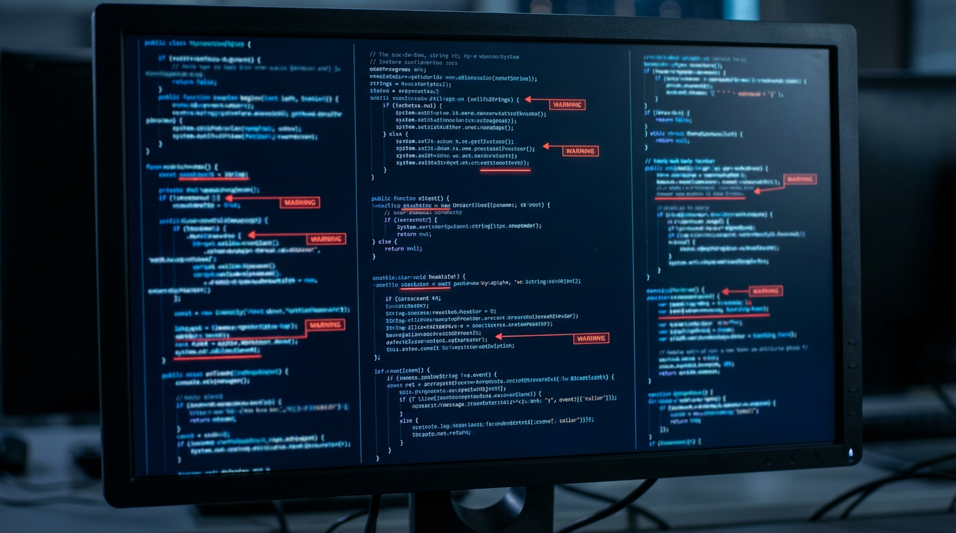 Esempi di codice che mostrano pattern comuni di debito tecnico come God Class e spaghetti code